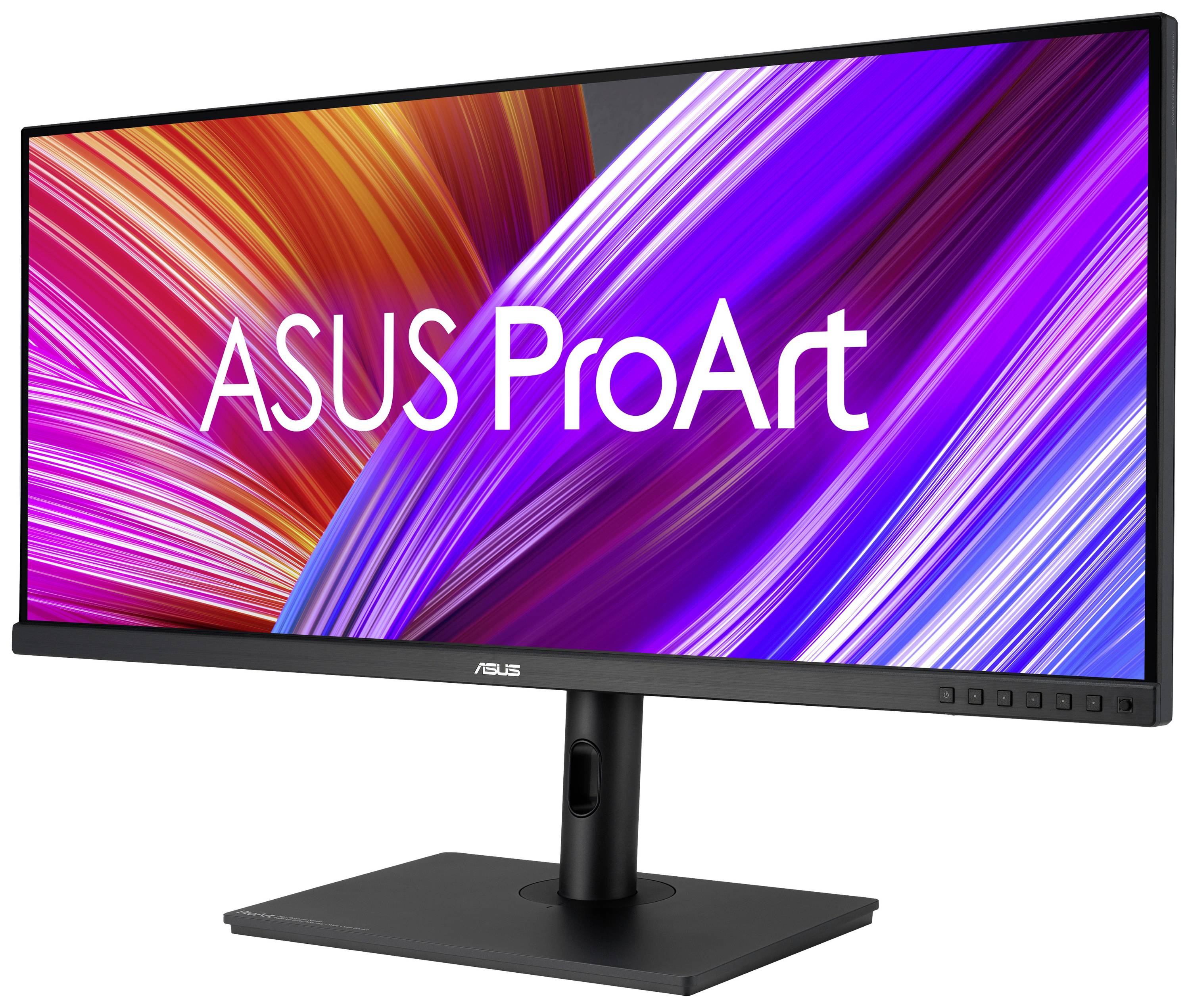 Un moniteur ASUS ProArt avec des tons de violet et d'orange lumineux à l'écran, idéal pour les travaux créatifs.