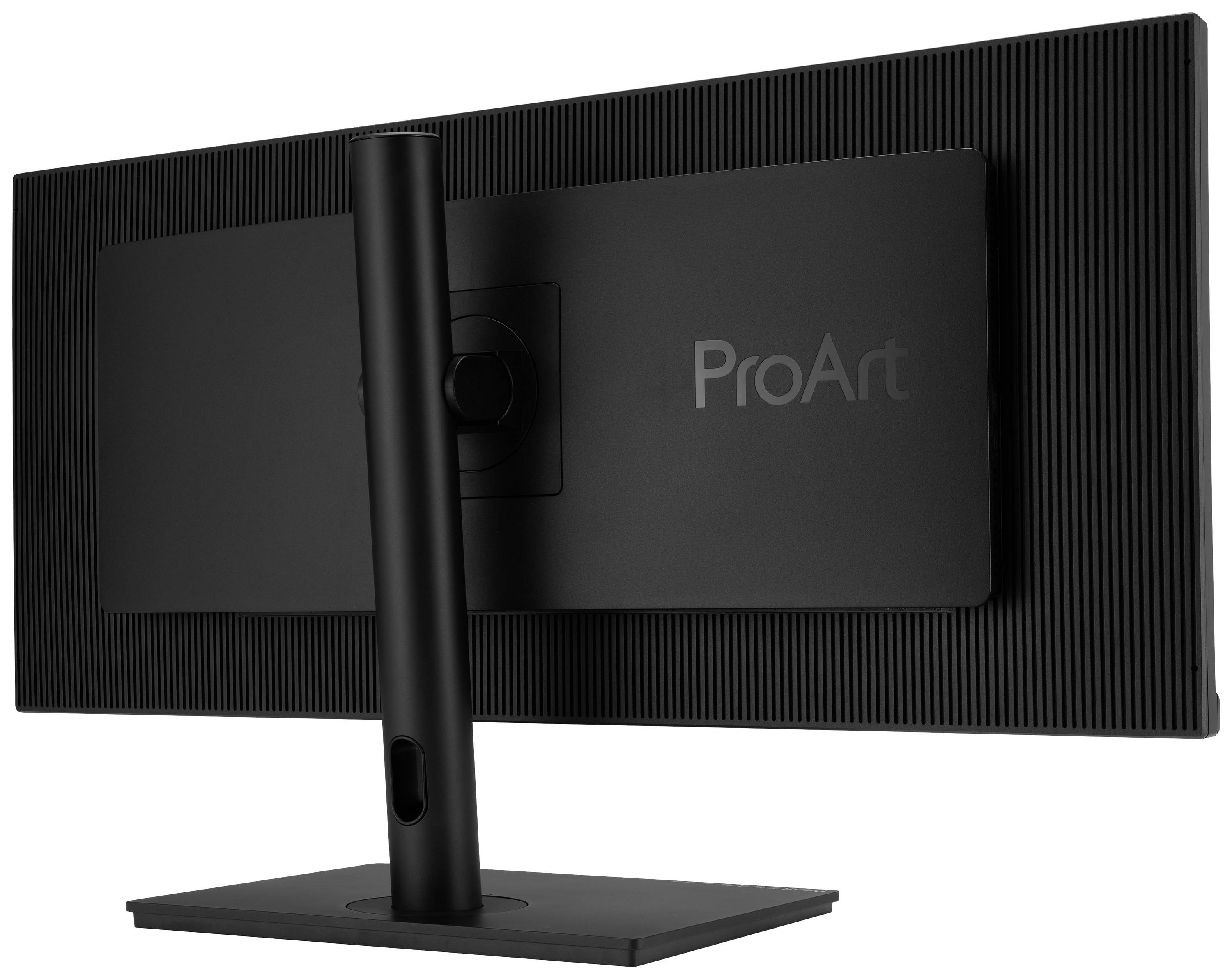 Vu de dos, le modèle ProArt présente un design en gradins, un support élancé noir et un socle rectangulaire.