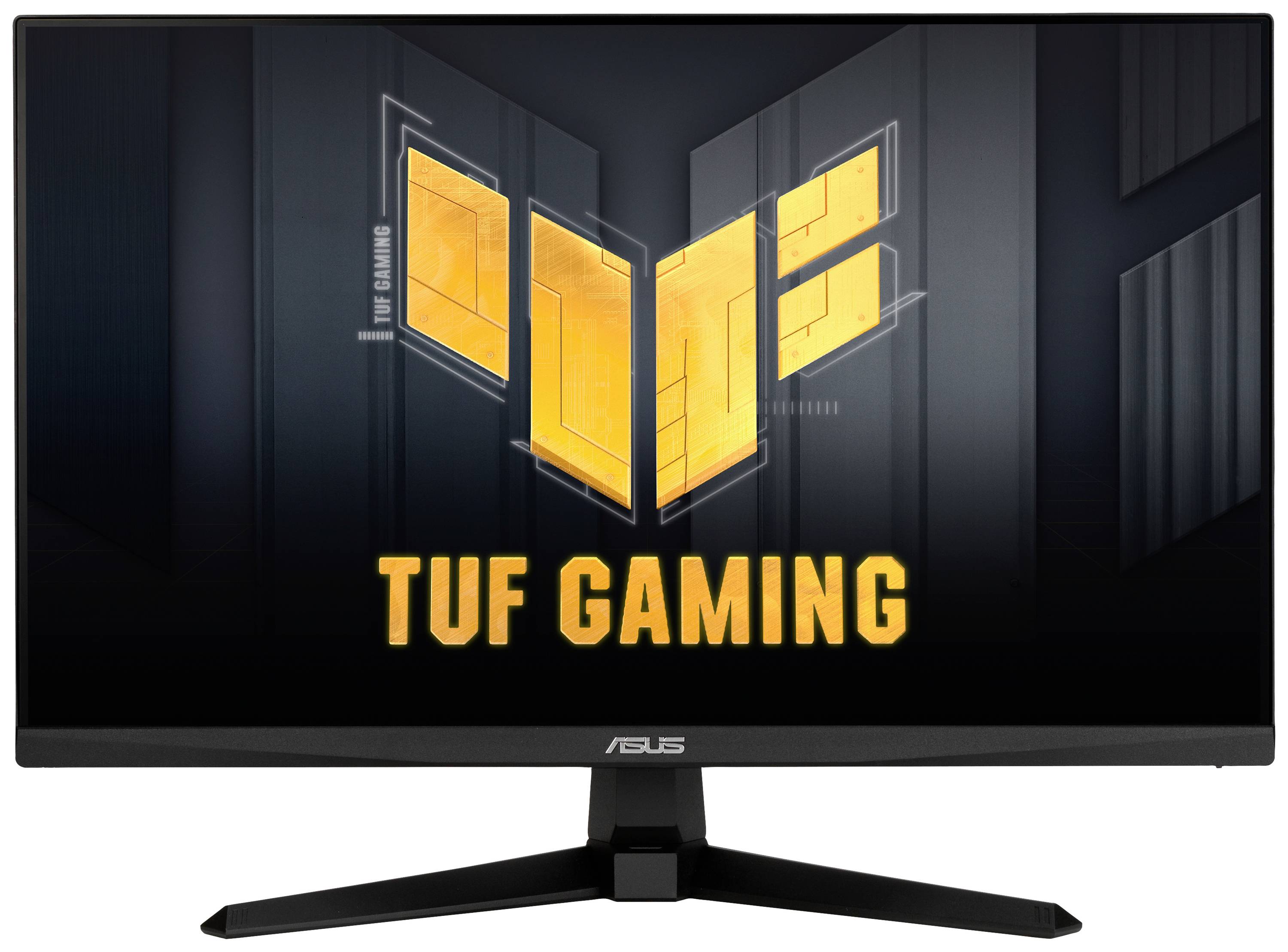 Un moniteur de gaming ASUS TUF dans une pièce sombre, avec le logo TUF Gaming jaune et le lettrage sur l'écran.