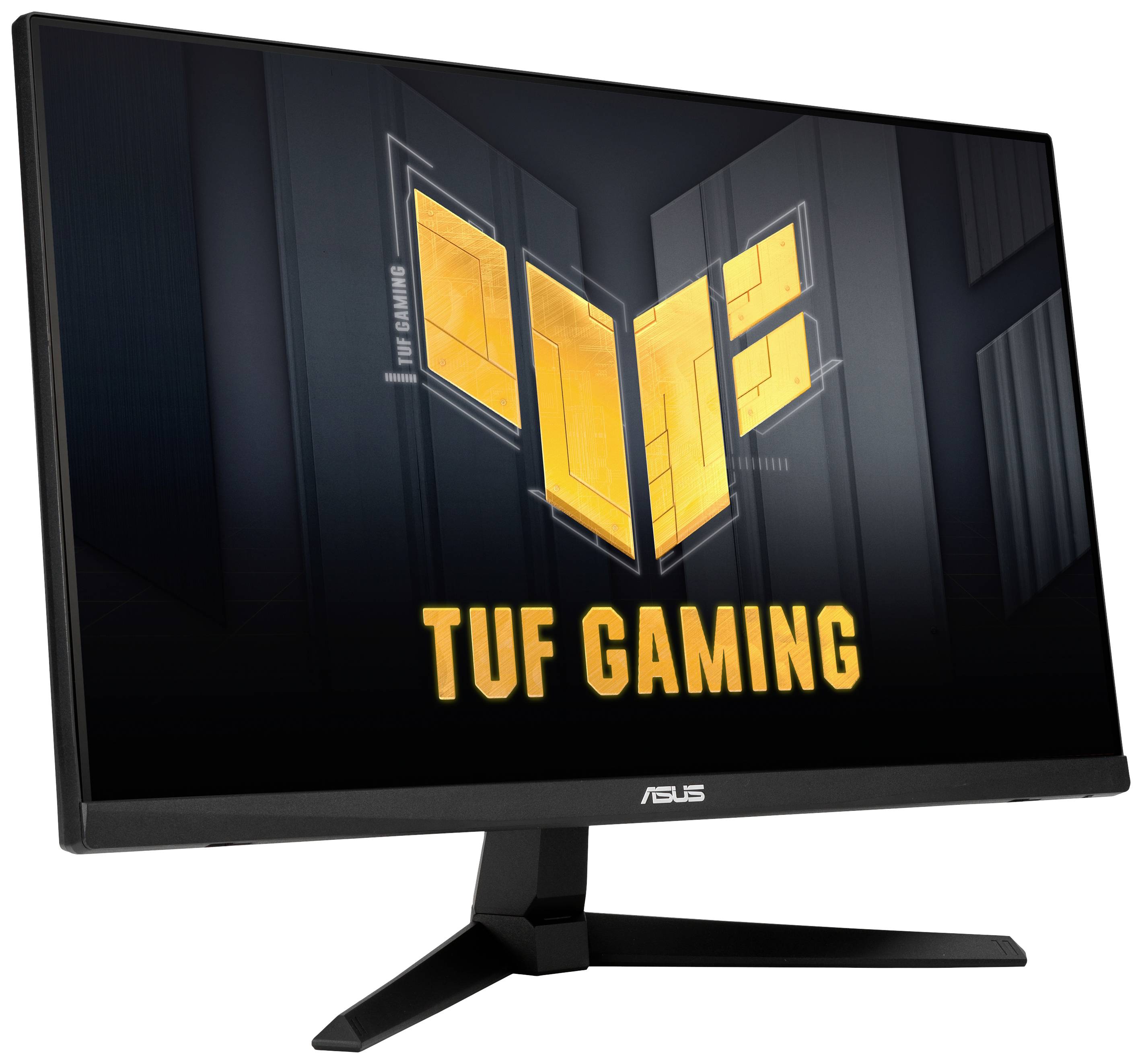 Moniteur avec logo 'TUF GAMING' à l'écran. Cadre noir, socle rectangulaire, adapté aux applications de jeux vidéo.