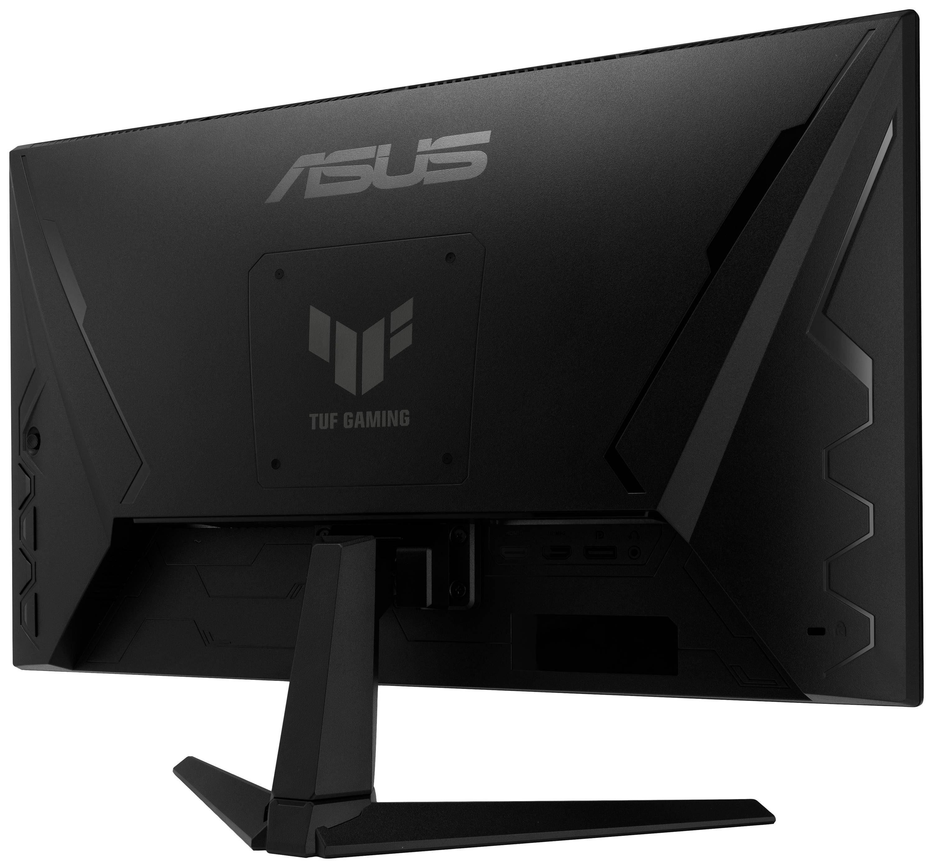 Moniteur de gaming noir d'ASUS portant l'inscription 'TUF Gaming' à l'arrière, présentant un design anguleux et un socle robuste.
