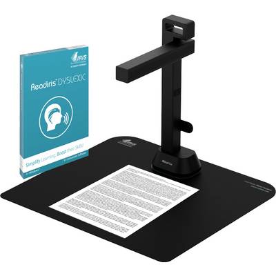 Un scanner avec un document et un pack logiciel 'Readiris Dyslexic'. Le scanner est orienté vers une feuille de papier.