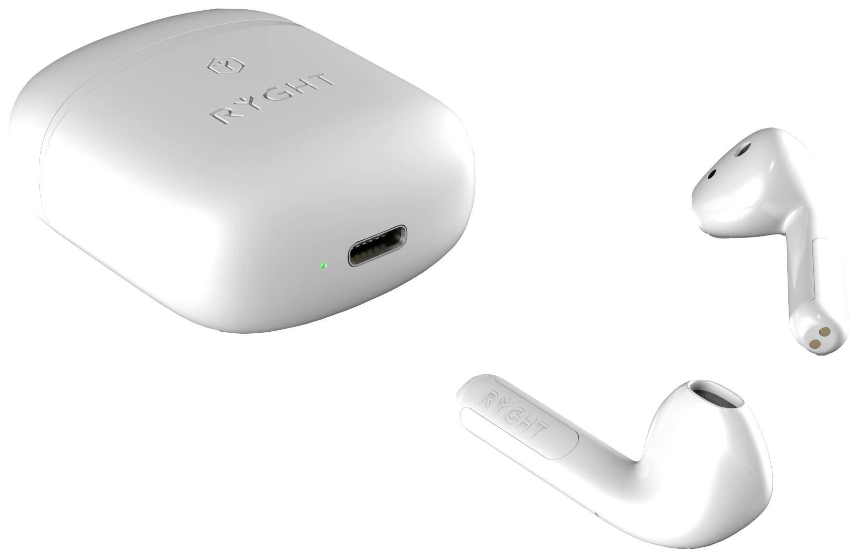 Écouteurs blancs sans fil avec étui de charge.