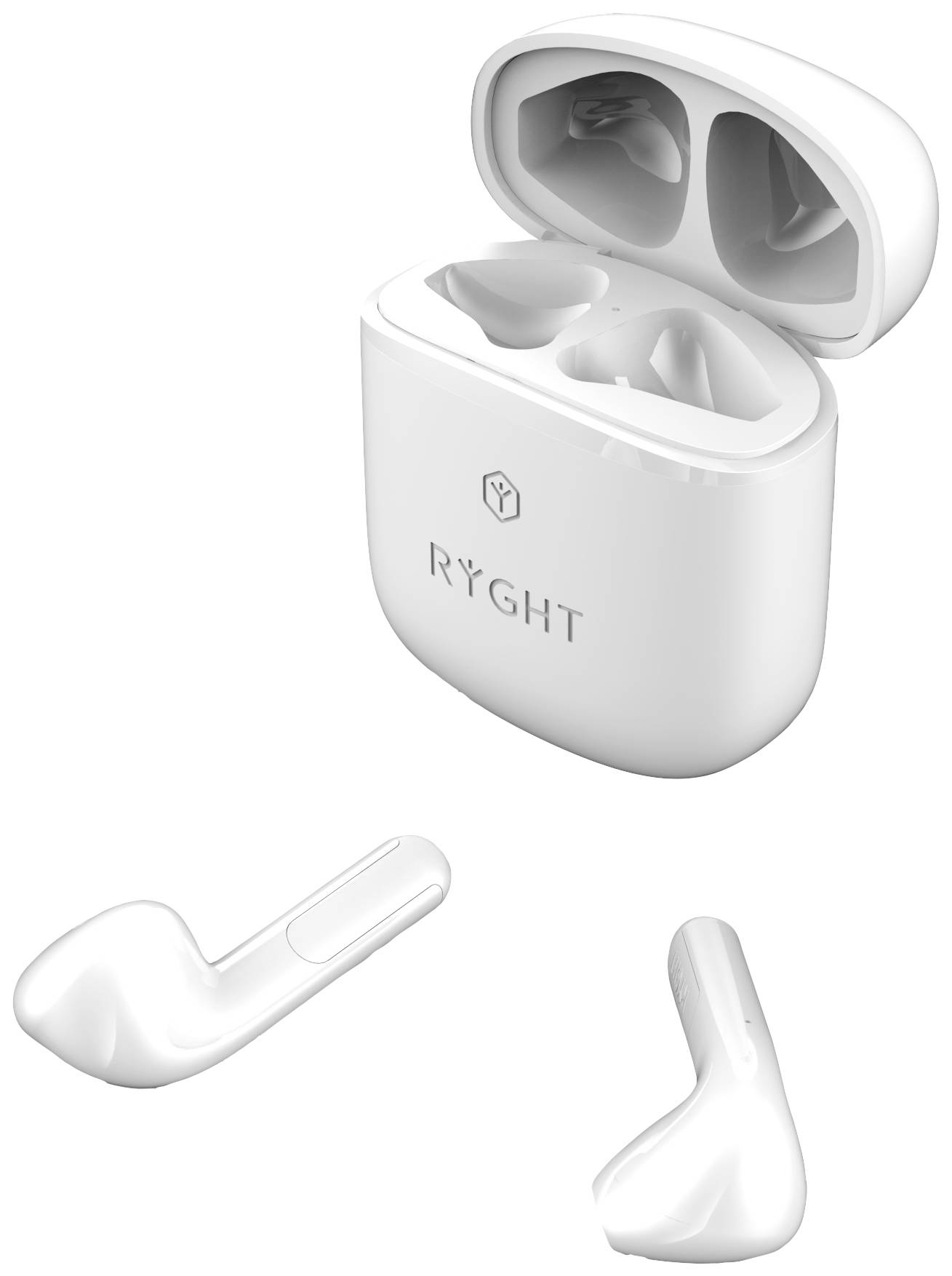 Écouteurs sans fil blancs et boîtier de charge avec couvercle ouvert, marque 'RYGHT'.