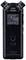 Enregistreur audio portable en noir, face arrière visible avec des informations techniques et des commandes, deux microphones en haut.