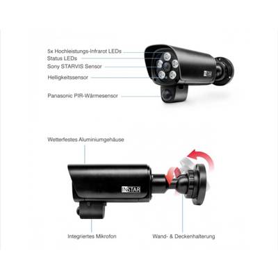 Image d'une caméra de surveillance avec des LED et un microphone intégré. Boîtier en aluminium résistant aux intempéries, adaptable en montage mural ou plafond.