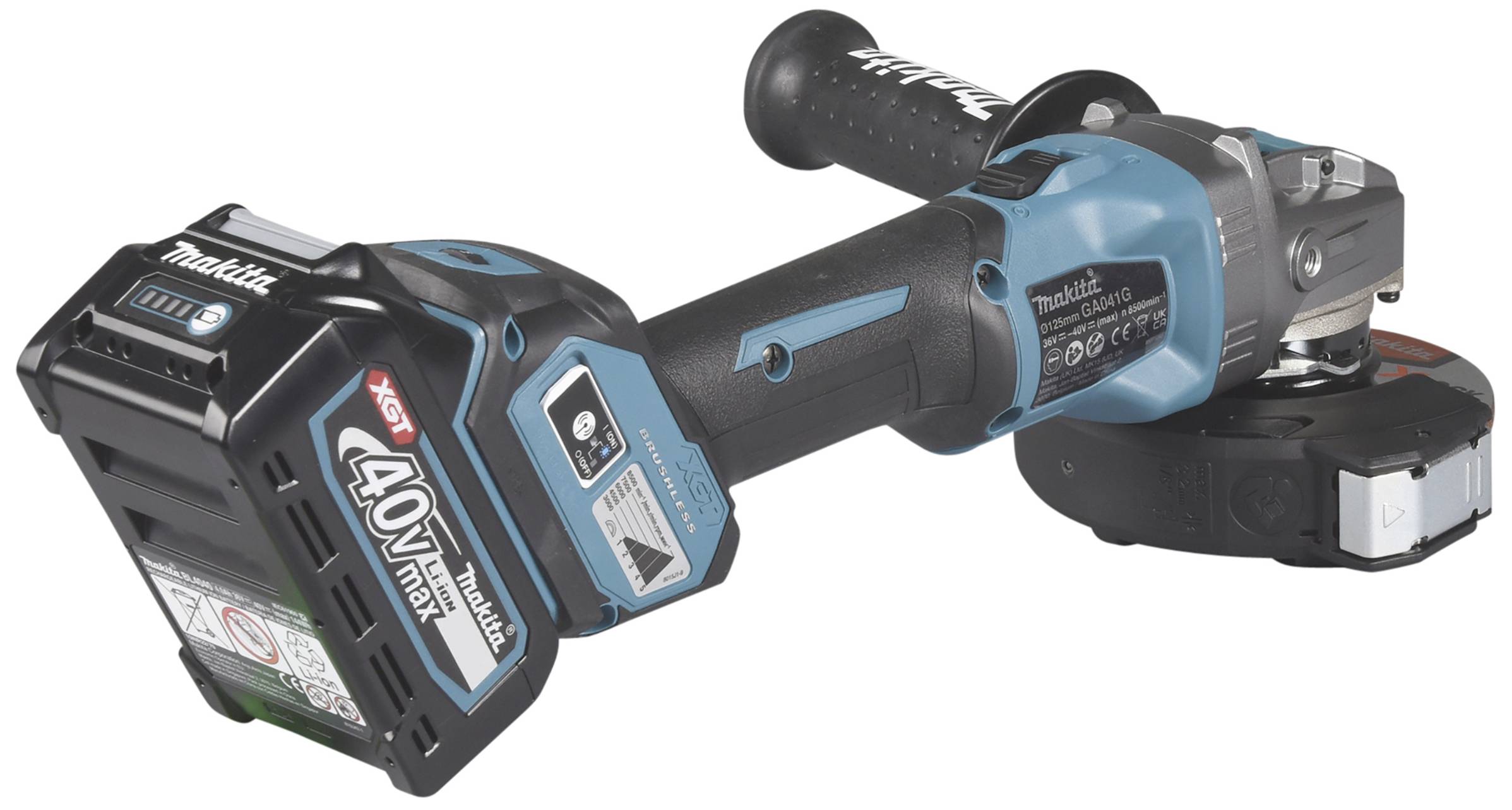 Un meuleuse d'angle bleue, alimentée par batterie, avec une batterie 40V Max, une poignée et une tête rotative. Utilisée pour des travaux de meulage et de coupe.