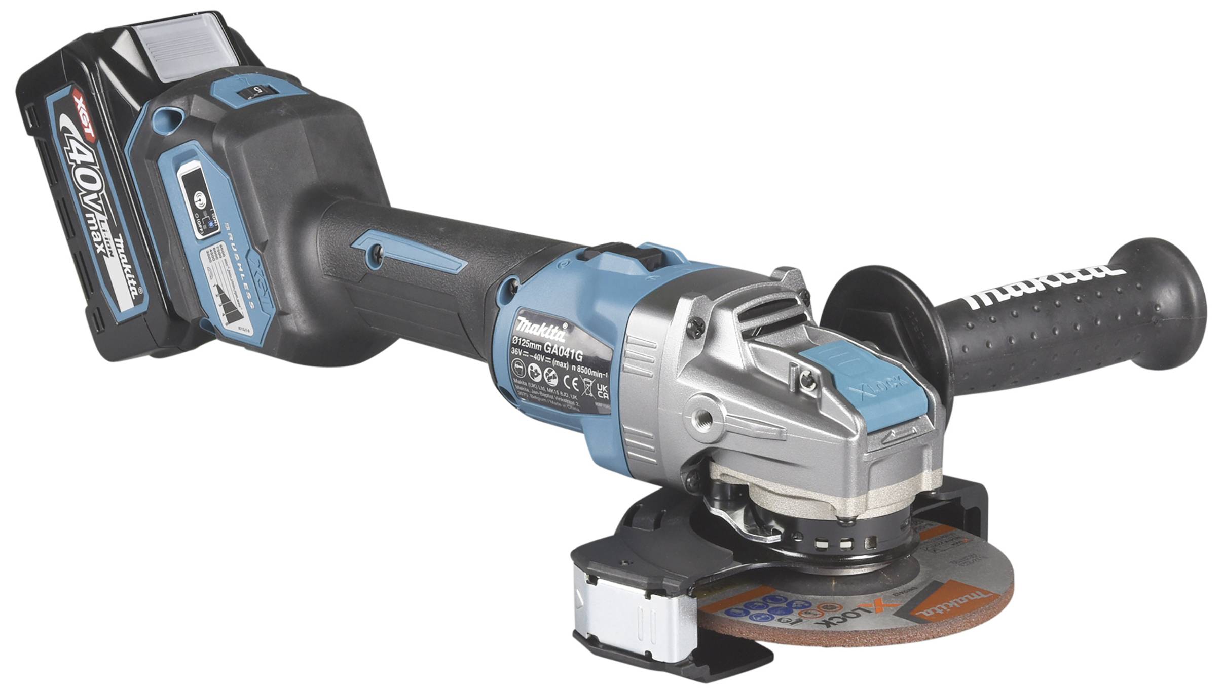 Un meuleuse d'angle sans fil bleue et noire avec batterie 40V, adaptée aux travaux de meulage et de coupe dans les ateliers.