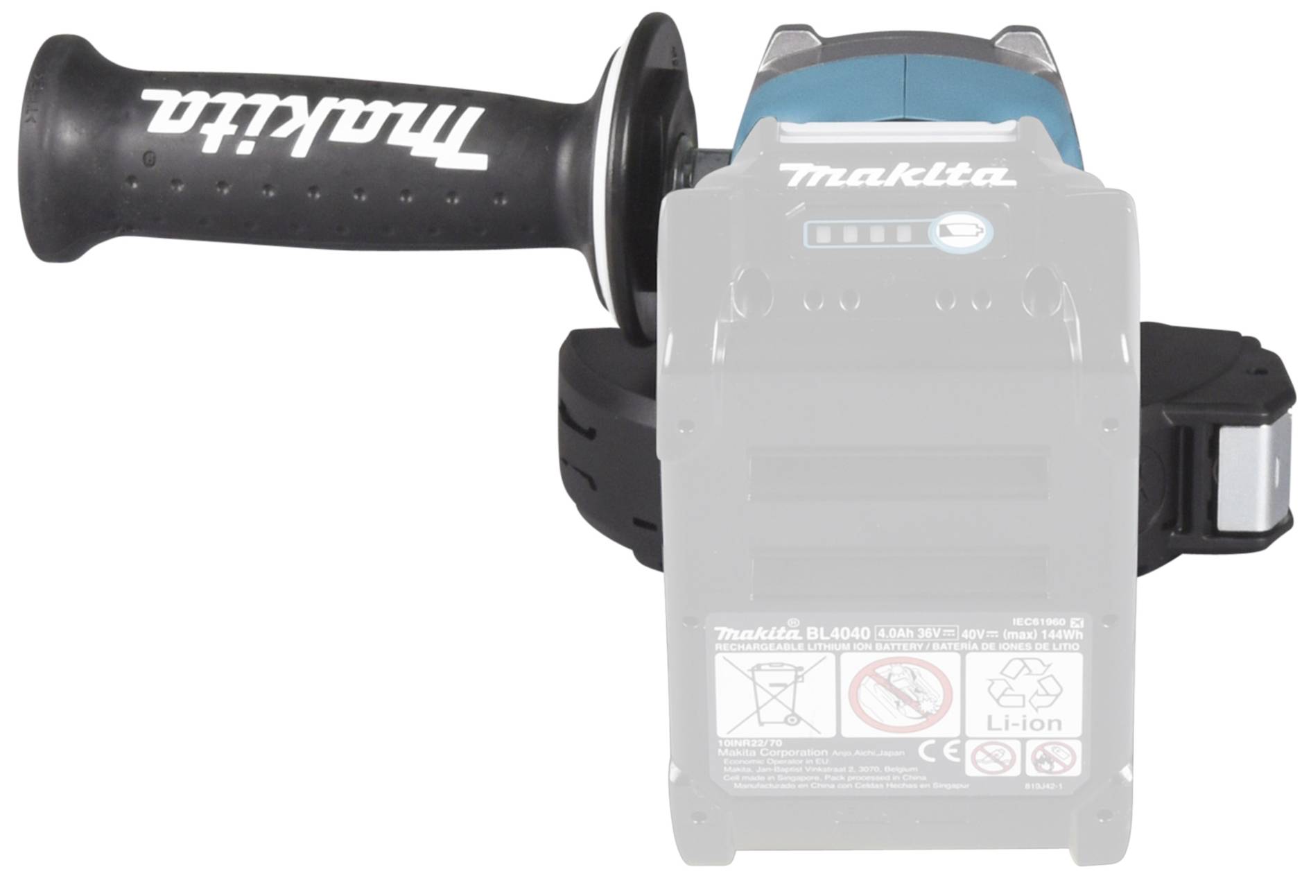 Un outil à batterie Makita avec poignée, batterie visible et avertissements de sécurité au dos.