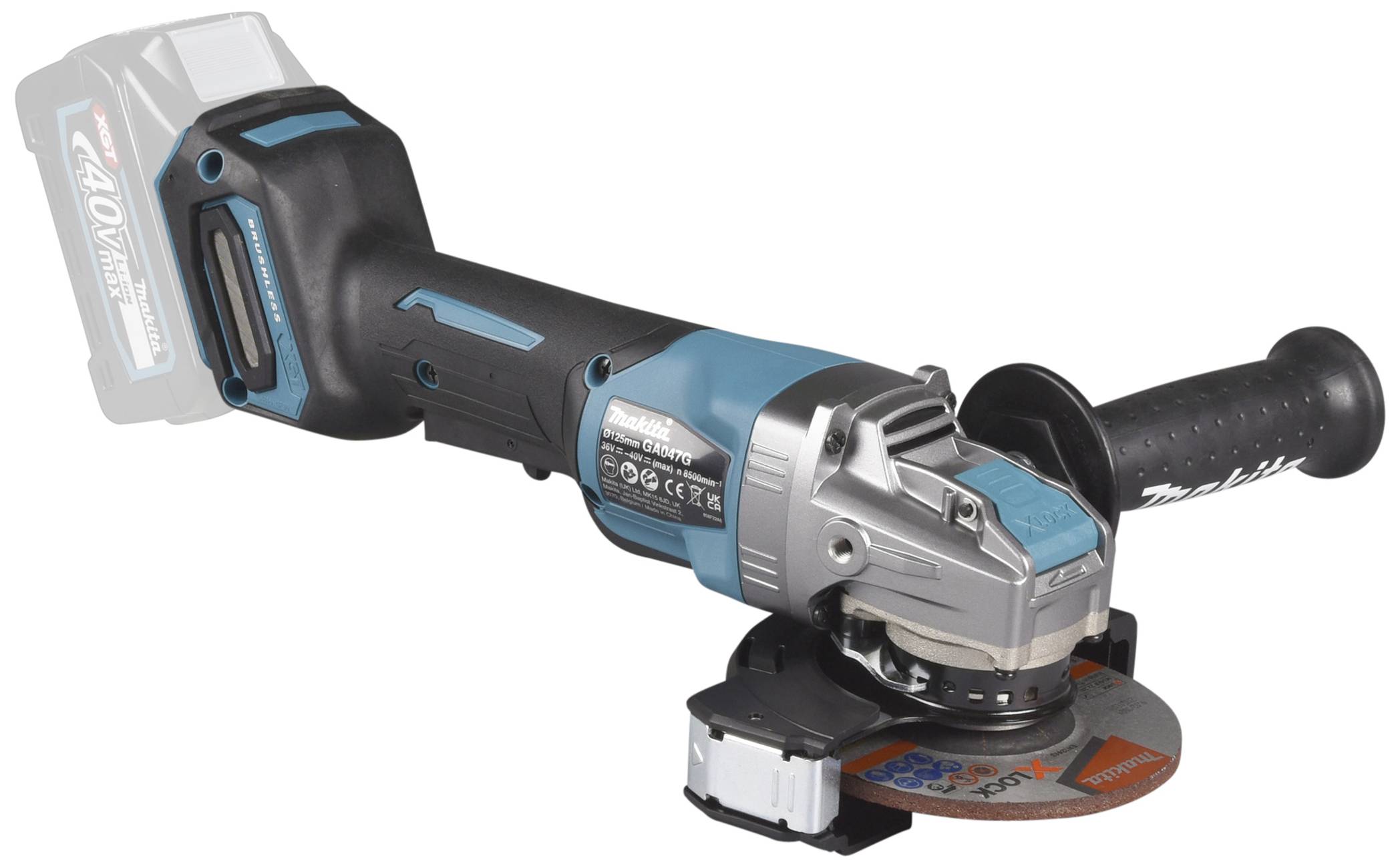 Meuleuse d'angle sans fil avec boîtier bleu et noir et disque, adaptée aux travaux de coupe et de meulage.