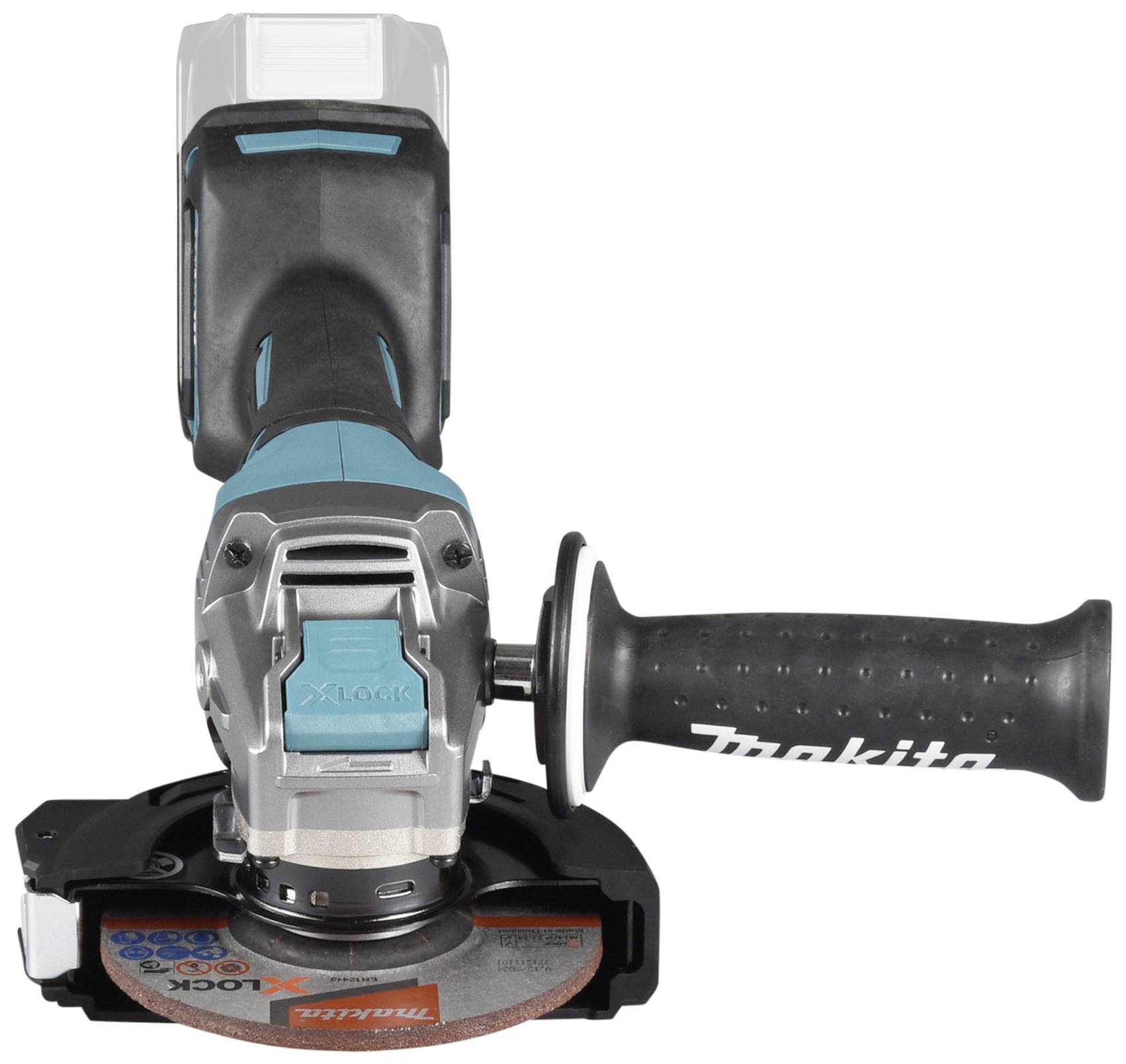 'Meuleuse d'angle sans fil avec poignée noire et boîtier bleu, adaptée aux travaux de meulage et de coupe.'