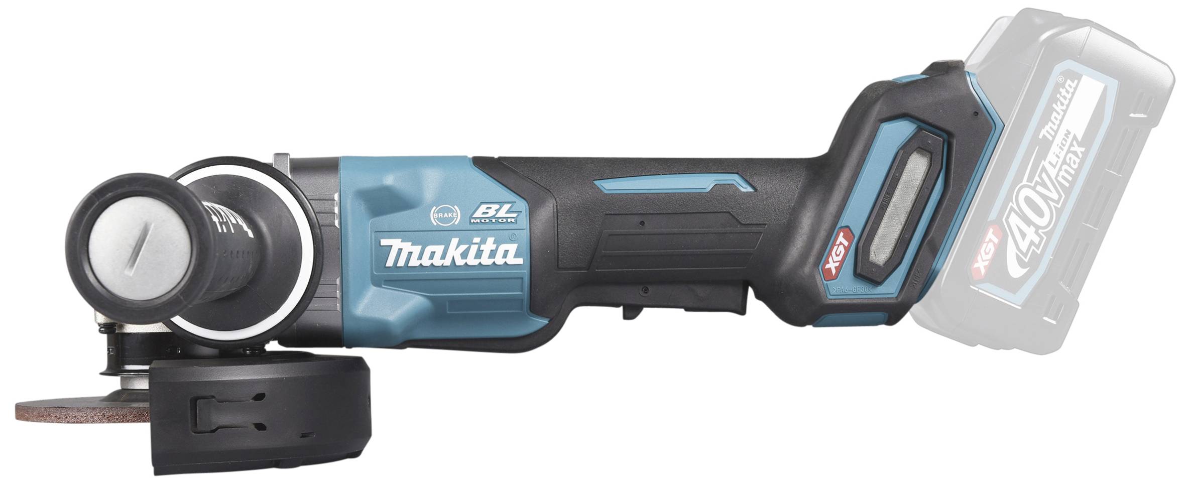 Une meuleuse d'angle sans fil bleue avec une poignée et un compartiment de batterie bien visible.