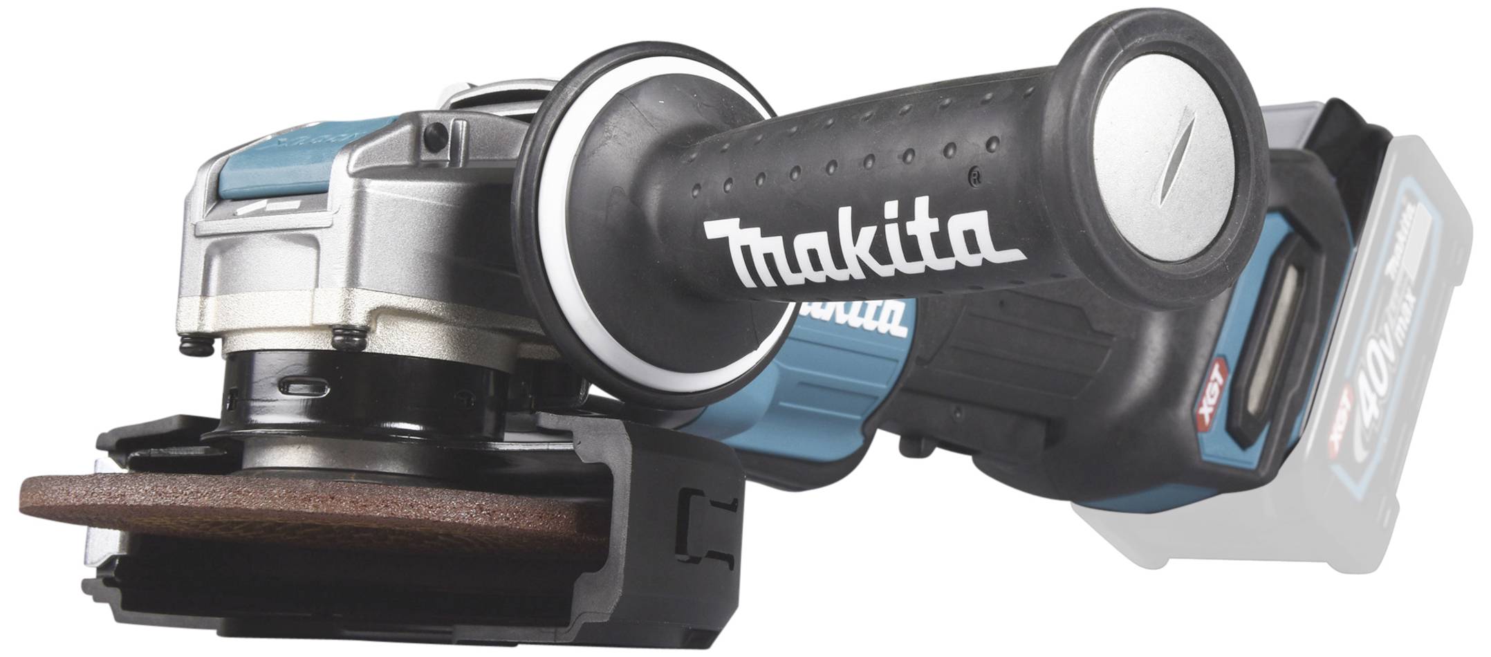 Meuleuse d'angle sans fil avec poignée ergonomique et disque de meulage visible au premier plan, adaptée aux travaux de meulage.