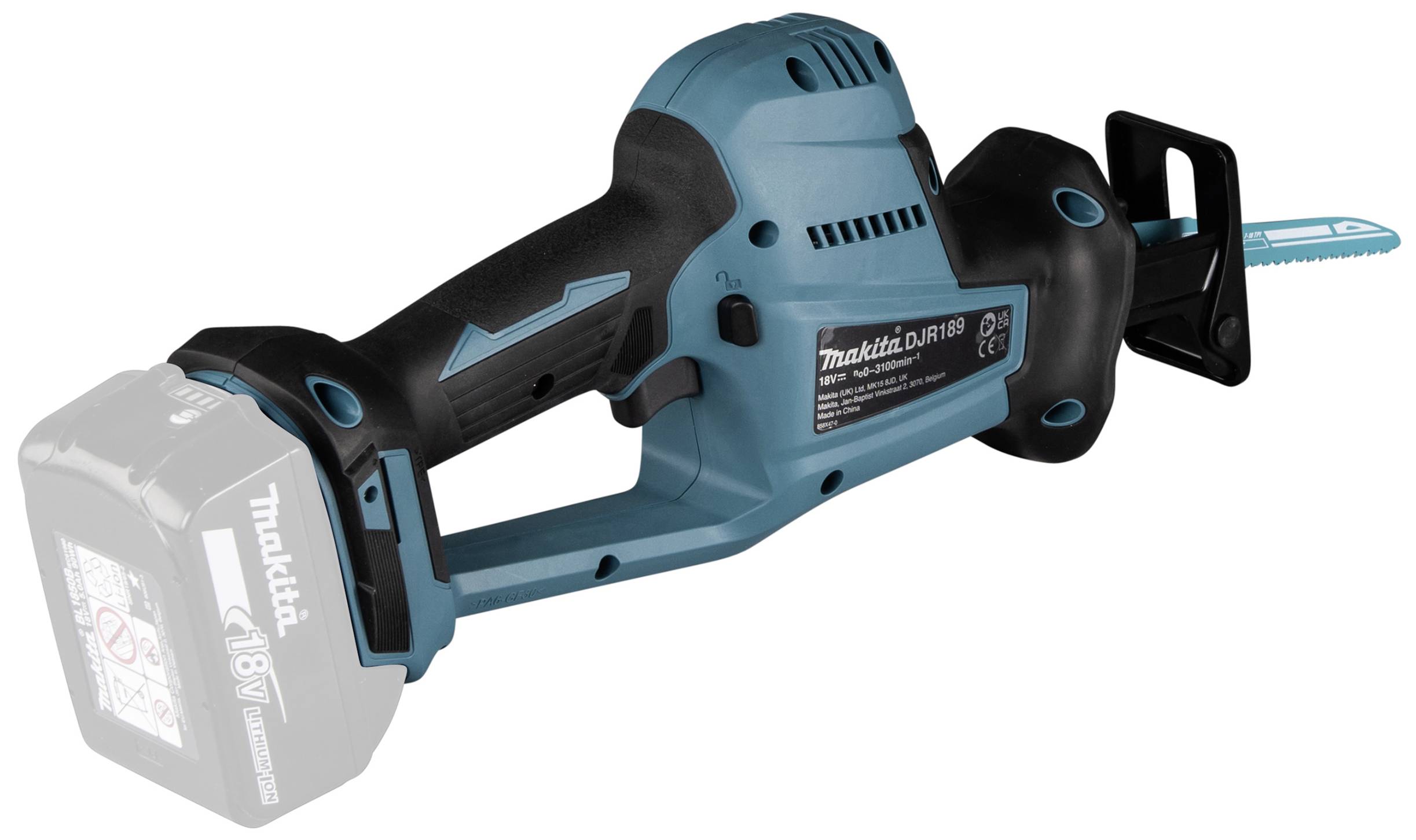 Scie à élagage alimentée par batterie en bleu avec une poignée ergonomique et une interface visible pour une batterie 18V, qui n'est pas représentée.