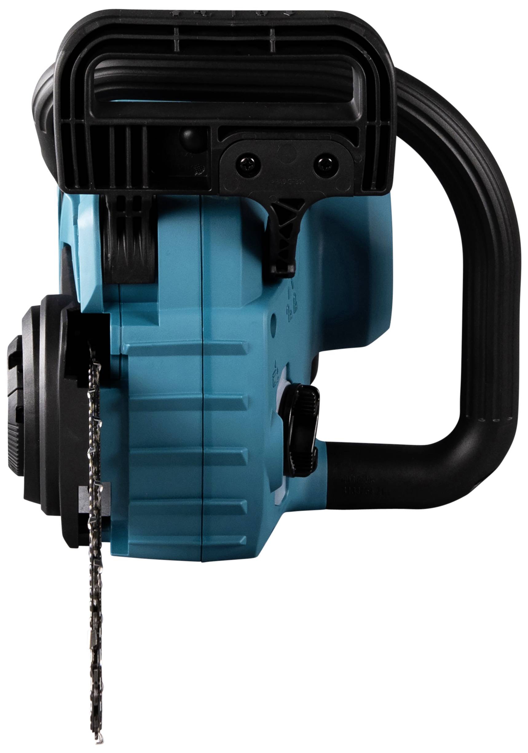 Une tronçonneuse bleue, alimentée par batterie, avec une poignée noire et une courte lame, est représentée de côté.