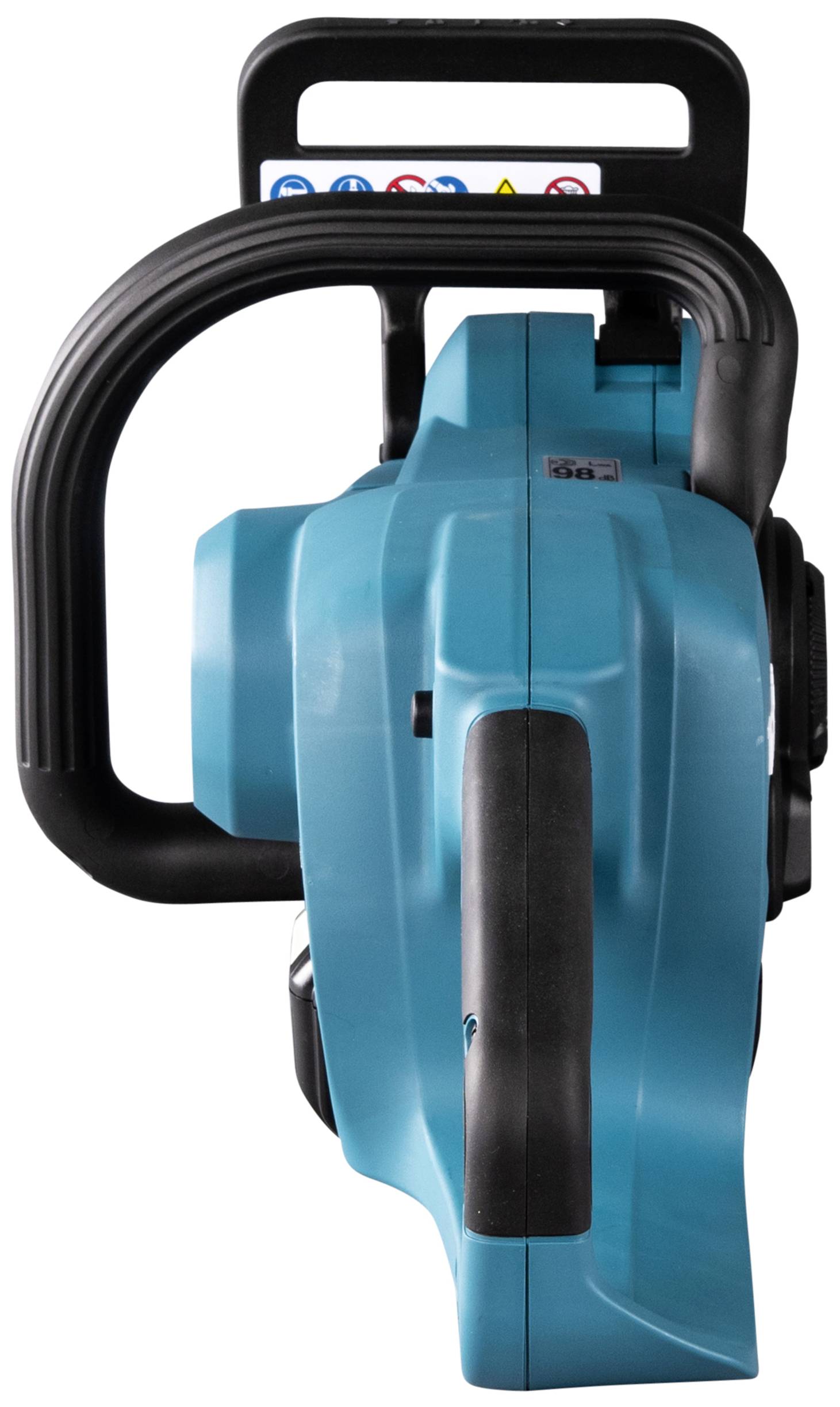 Un souffleur de feuilles électrique bleu avec une poignée ergonomique en plastique noir. L'appareil est debout et pris de côté.