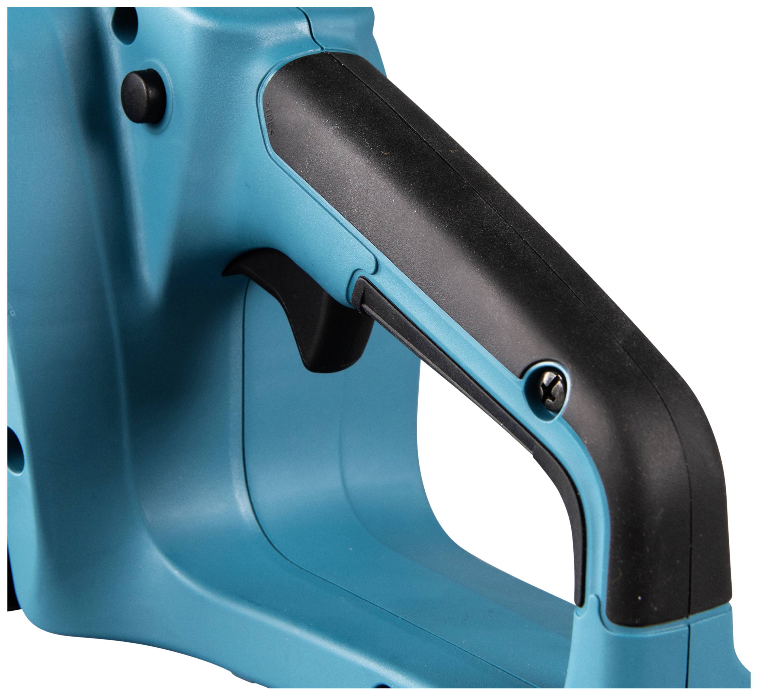 Le gros plan montre une poignée noire d'un outil électrique bleu avec une prise de doigt, adaptée aux travaux de précision.