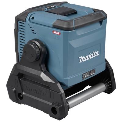 Compresseur d'air portable bleu à batterie Makita avec poignée noire et socle, modèle XGT. Adapté à diverses applications.
