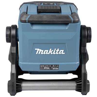 Un compresseur à batterie bleu avec une poignée noire, vue de face, affichant le logo 'Makita'. Des roues sont situées à gauche et à droite.