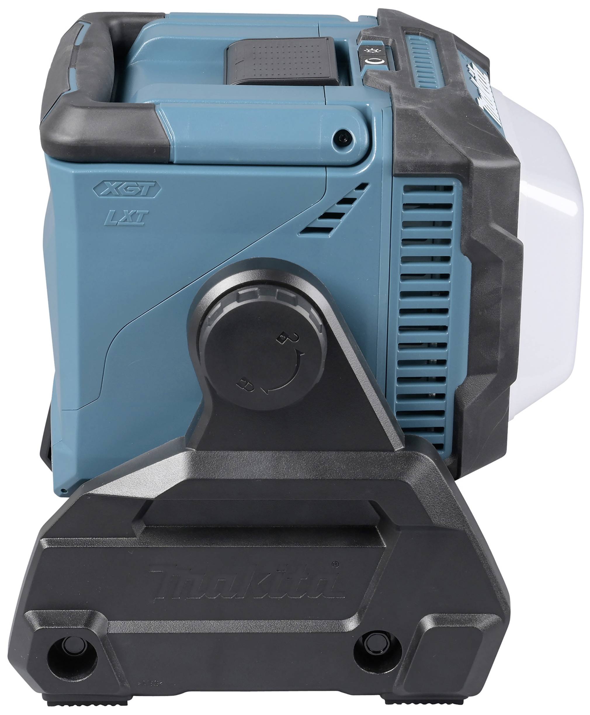 Un projecteur de chantier portable bleu-noir à batterie, doté d'une poignée robuste et d'une tête pivotante, adapté aux travaux de construction ou aux utilisations extérieures.