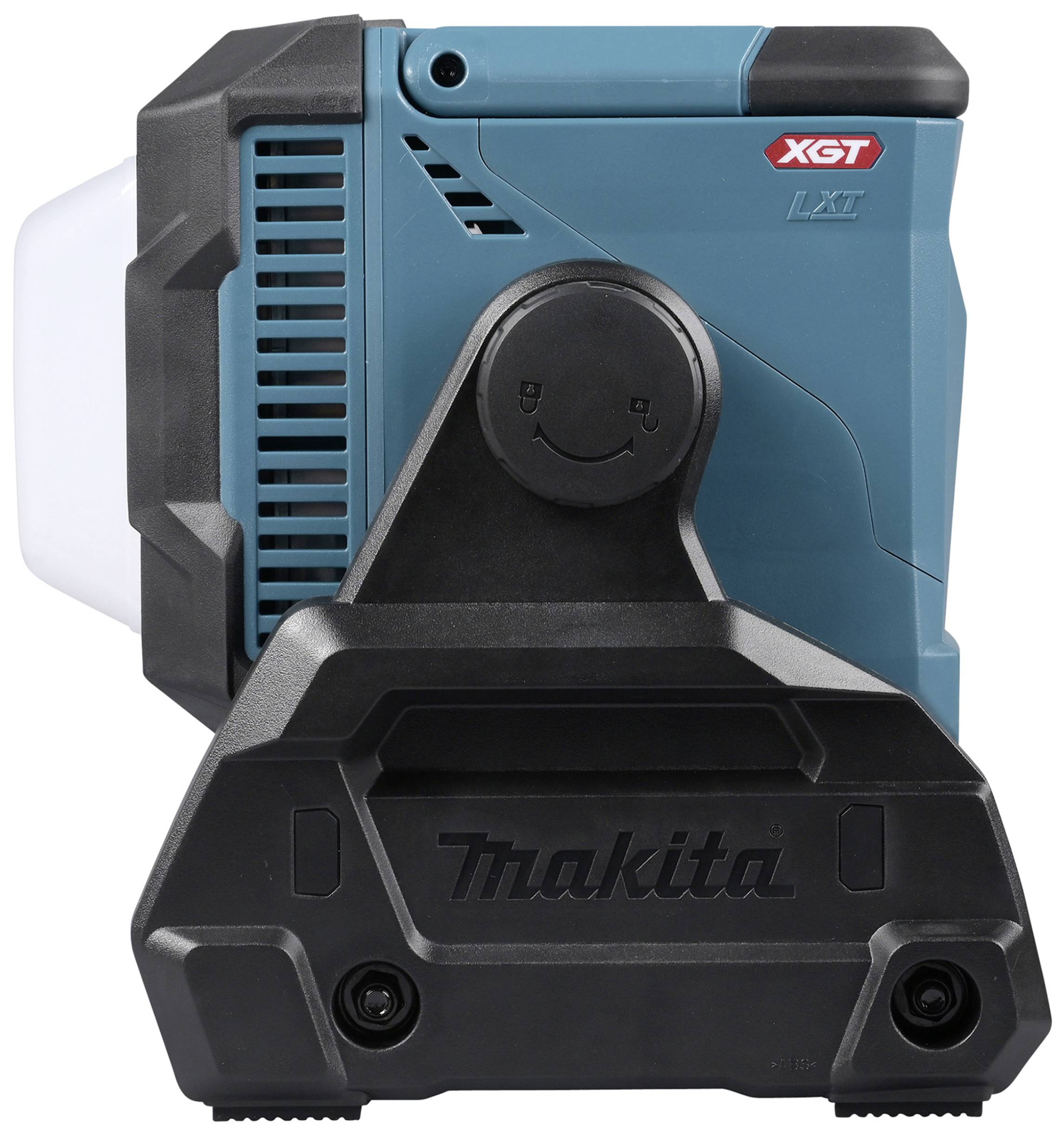 Une lampe de chantier mobile bleue à batterie, avec une poignée noire et le logo "Makita", adaptée aux chantiers ou aux activités de plein air.