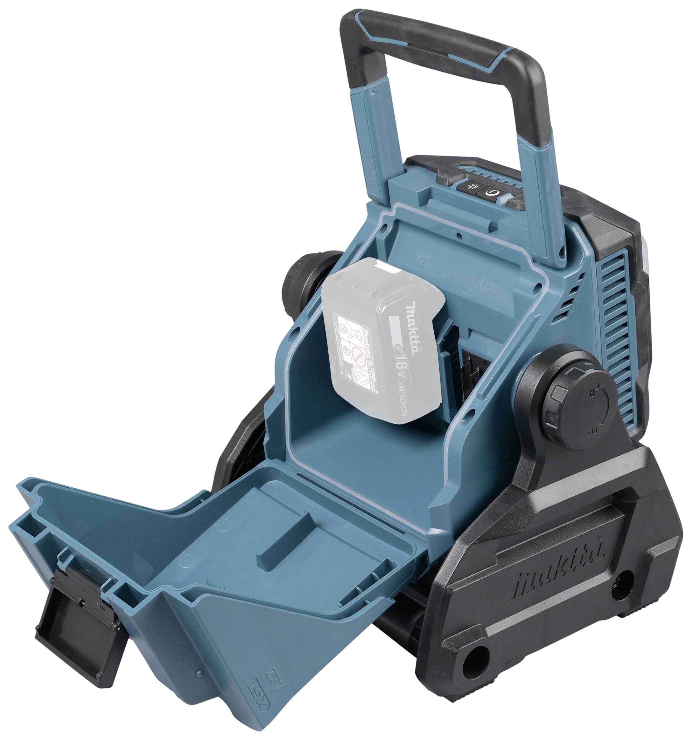 Aspirateur portable Makita avec batterie installée, ouvert pour montrer le compartiment batterie, en turquoise et noir.