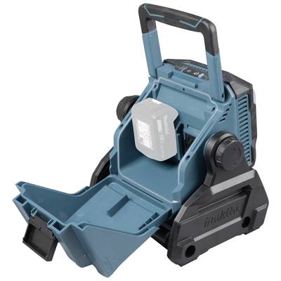 Aspirateur portable Makita avec batterie installée, ouvert pour montrer le compartiment batterie, en turquoise et noir.