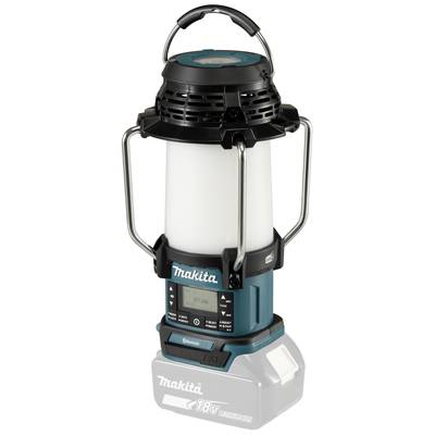 Lampe de travail à batterie avec corps cylindrique, supports métalliques et poignée. Affiche le nom de la marque et propose différentes fonctions d'éclairage.