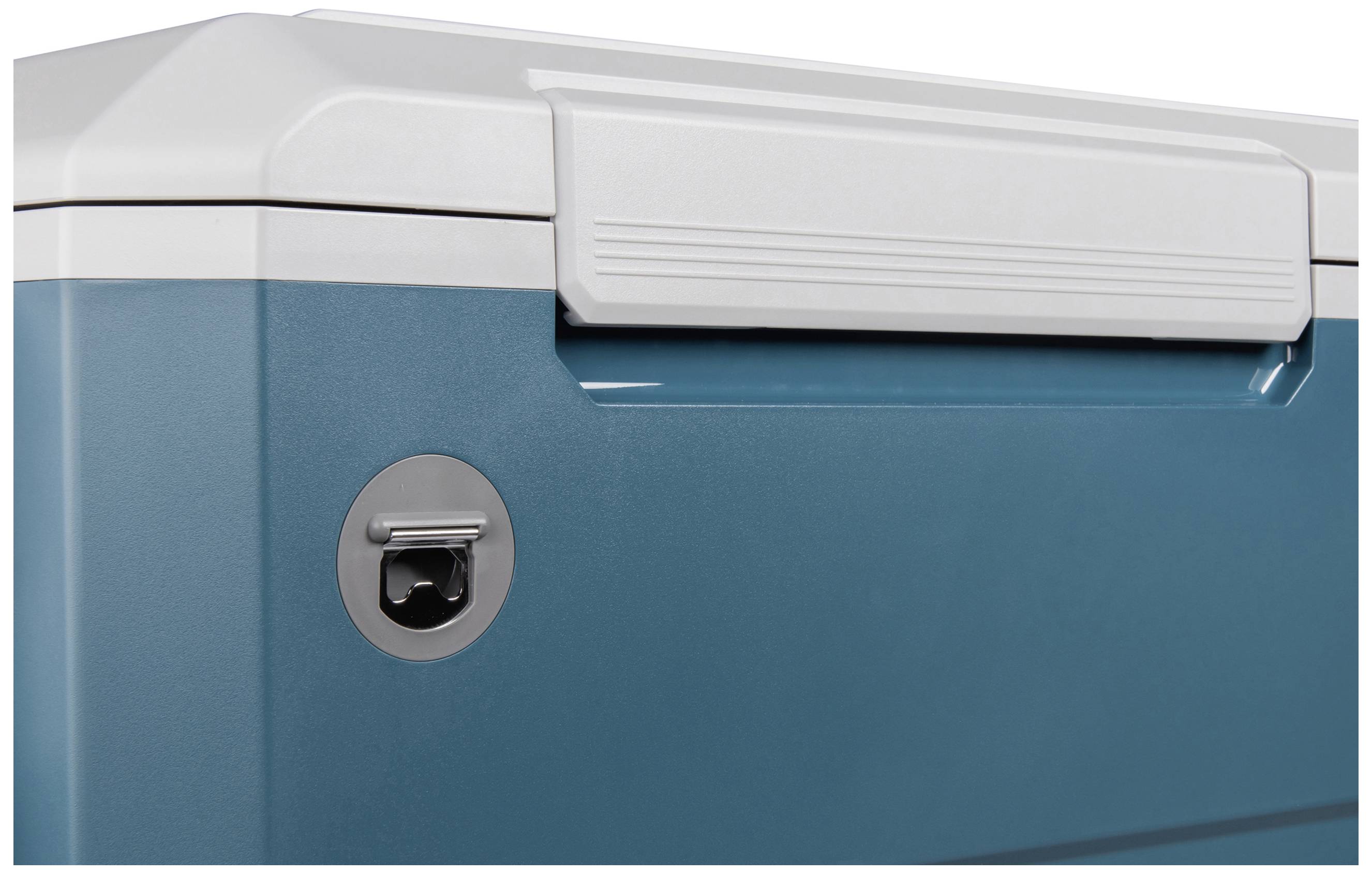 Un glacière portable bleue avec un couvercle blanc et un robinet de vidange sur le côté.