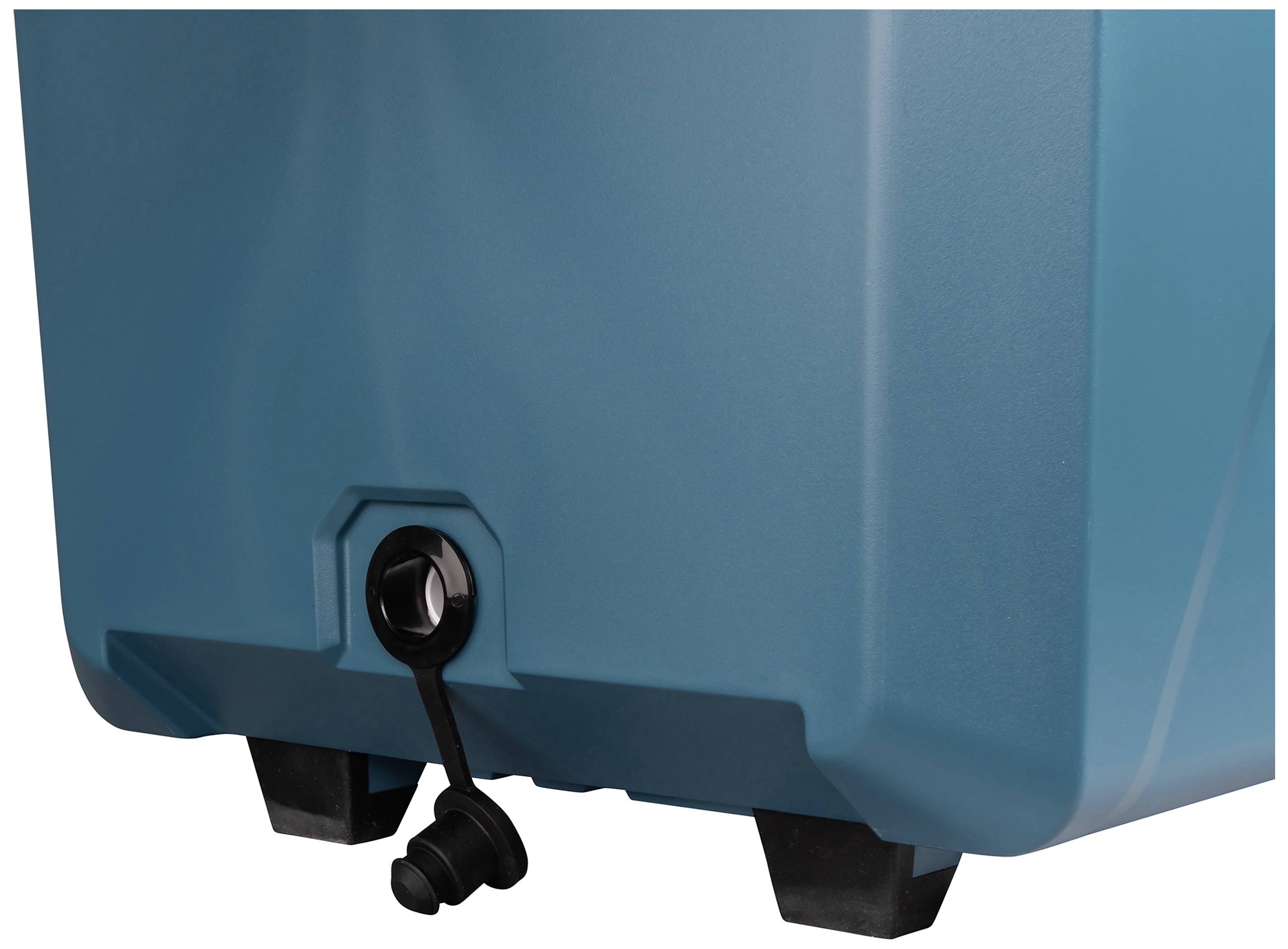 Un récipient en plastique bleu doté d'une vanne de vidange noire à sa base, conçu pour faciliter le drainage des liquides.