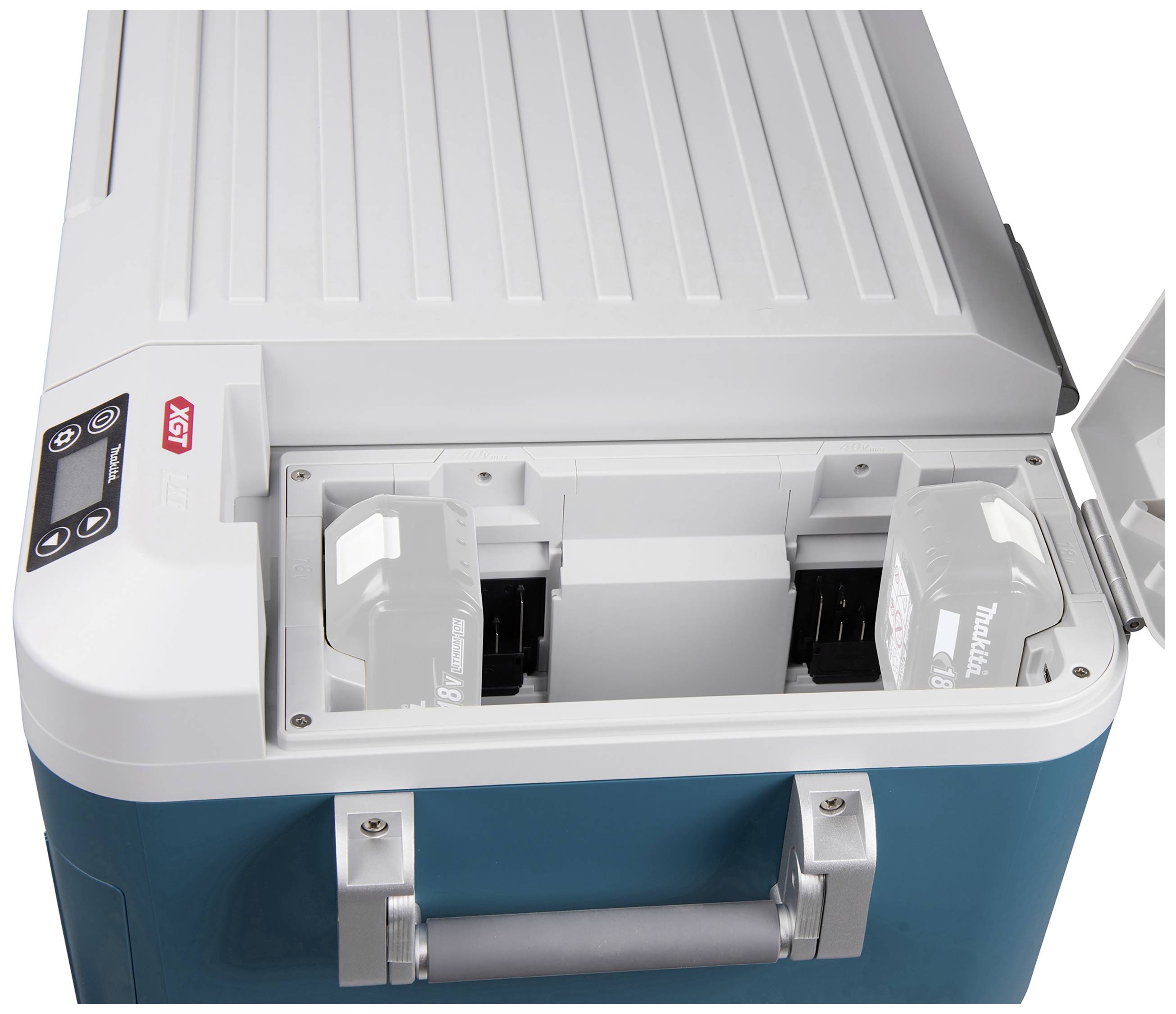 Un refroidisseur de batterie ouvert, bleu, avec deux emplacements pour batteries, un panneau de commande numérique et une poignée à l'avant.