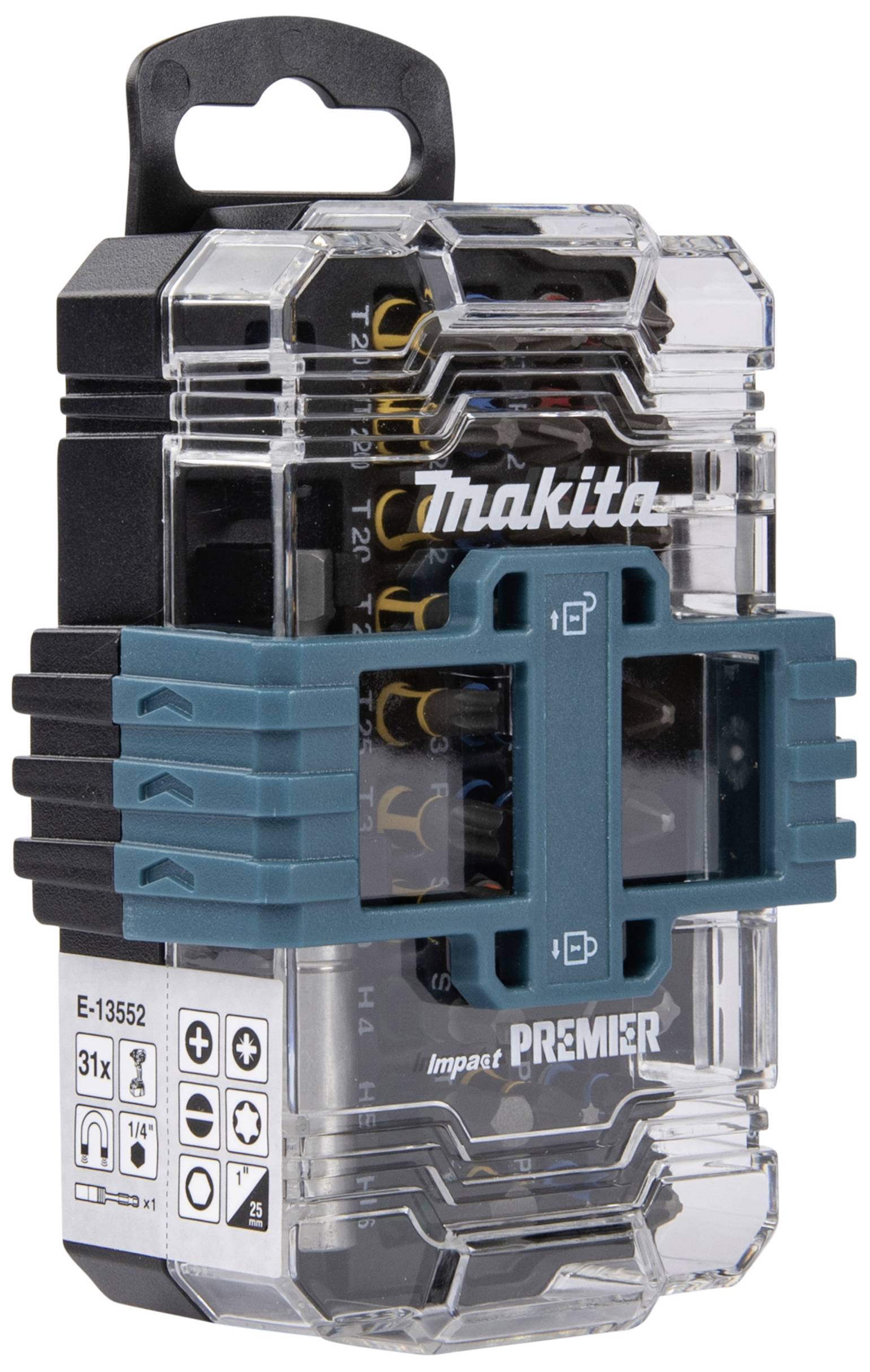 Boîte en plastique avec logo 'Makita', contenant divers embouts de vissage, reconnaissable à son boîtier transparent ; adapté aux travaux artisanaux.