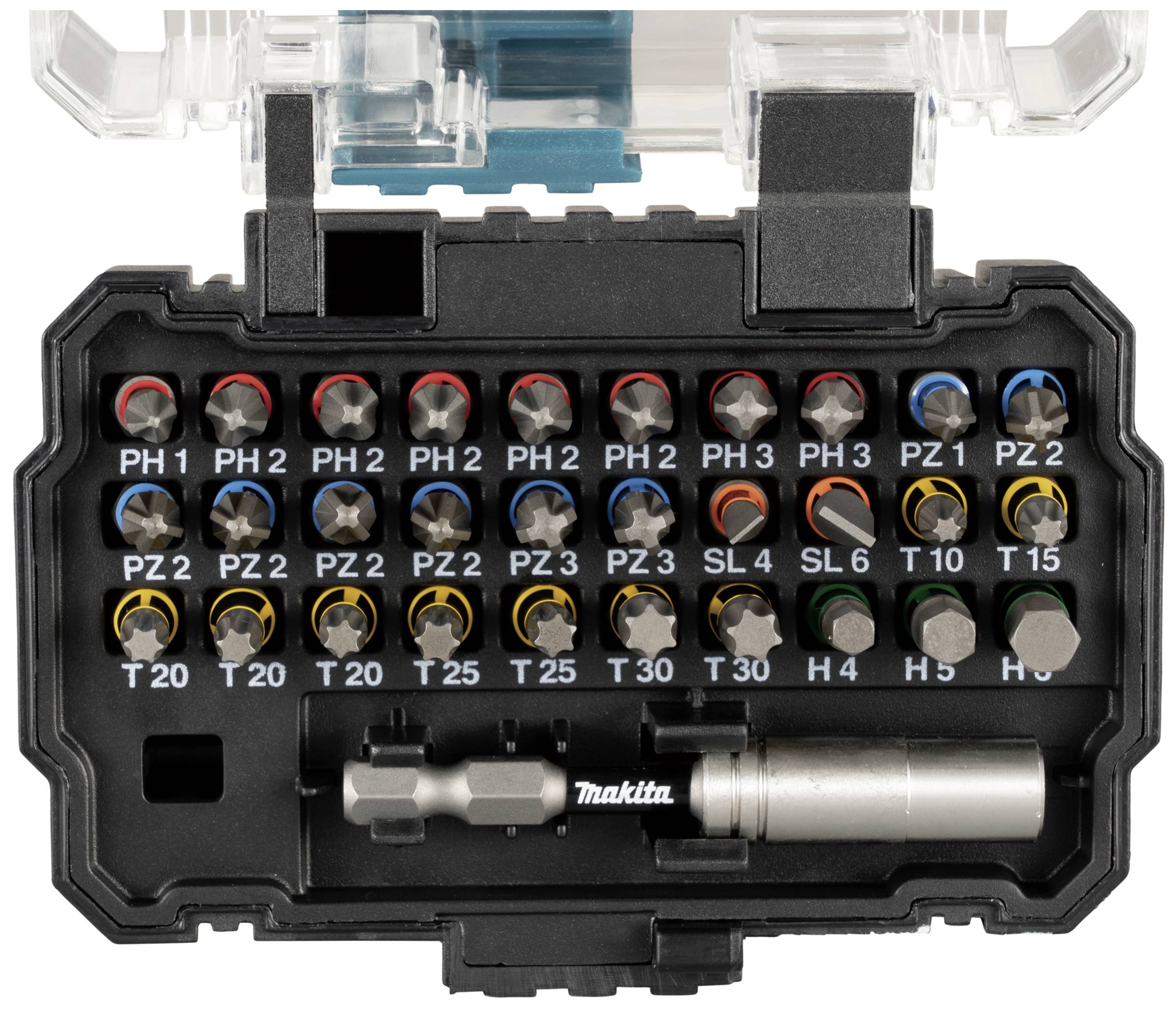 Coffret de bits en noir avec 31 bits différents et un support de bits. Comprend des embouts cruciformes, à fente, Torx et hexagonaux.
