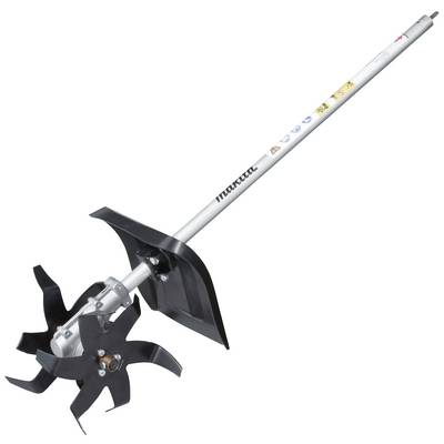 Un accessoire d'outil de jardin équipé de lames rotatives pour travailler le sol, fixé à une tige métallique, destiné à être utilisé avec un appareil.