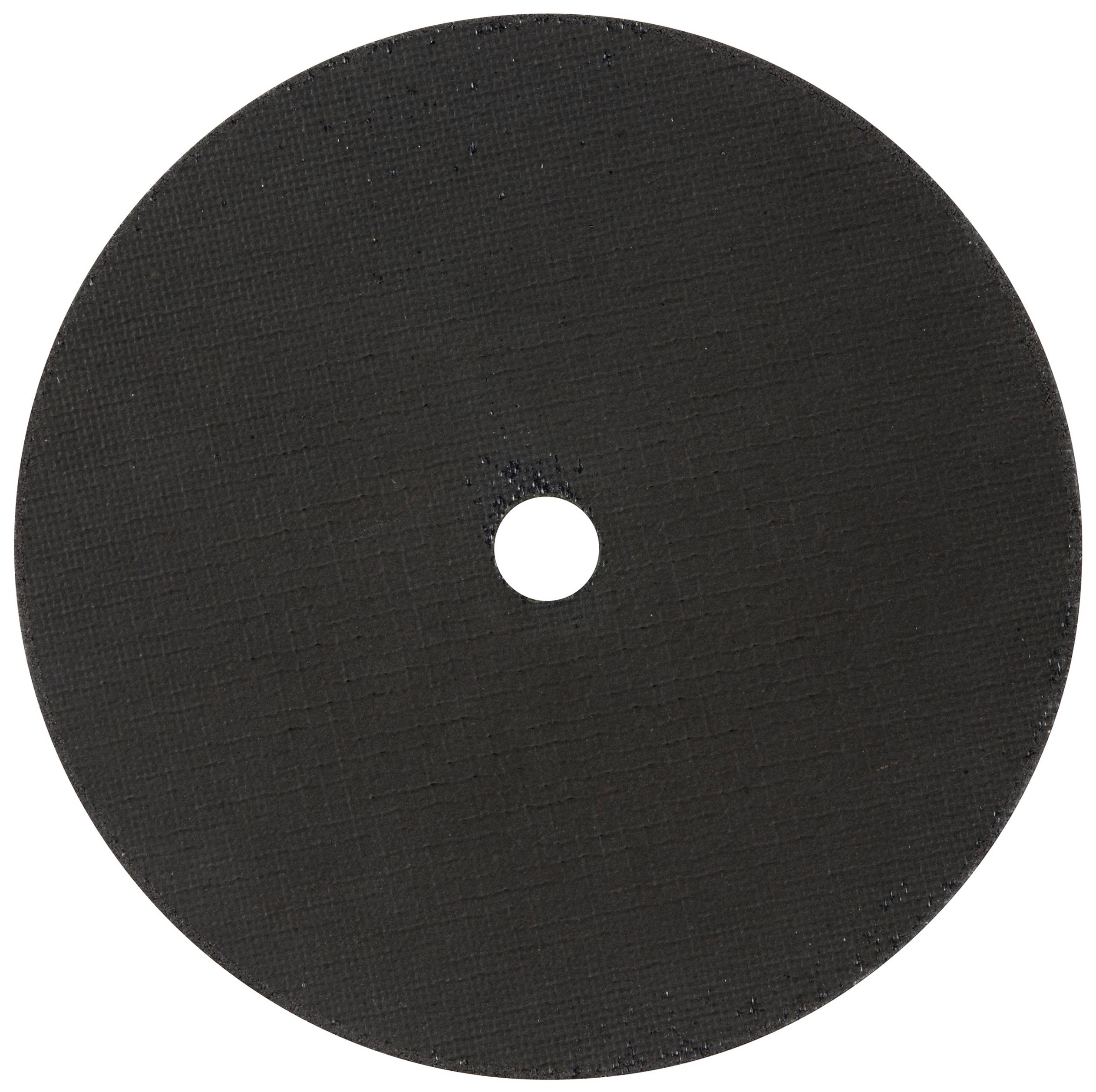 Une feuille abrasive noire avec un perçage central. Adaptée pour le ponçage des métaux ou d'autres surfaces dures.