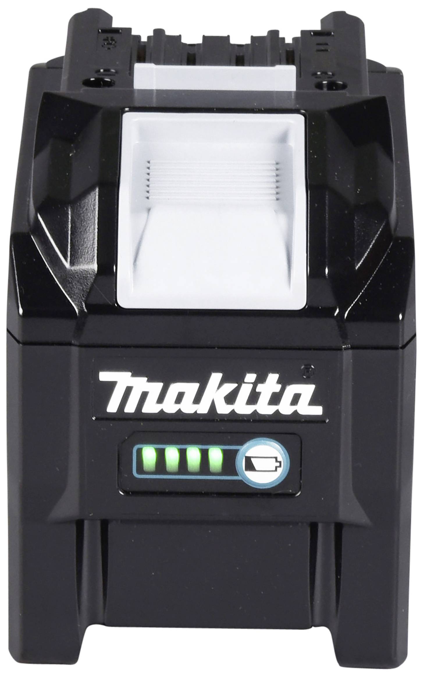Chargeur Makita noir avec voyant de fonctionnement et logo sur la face avant.