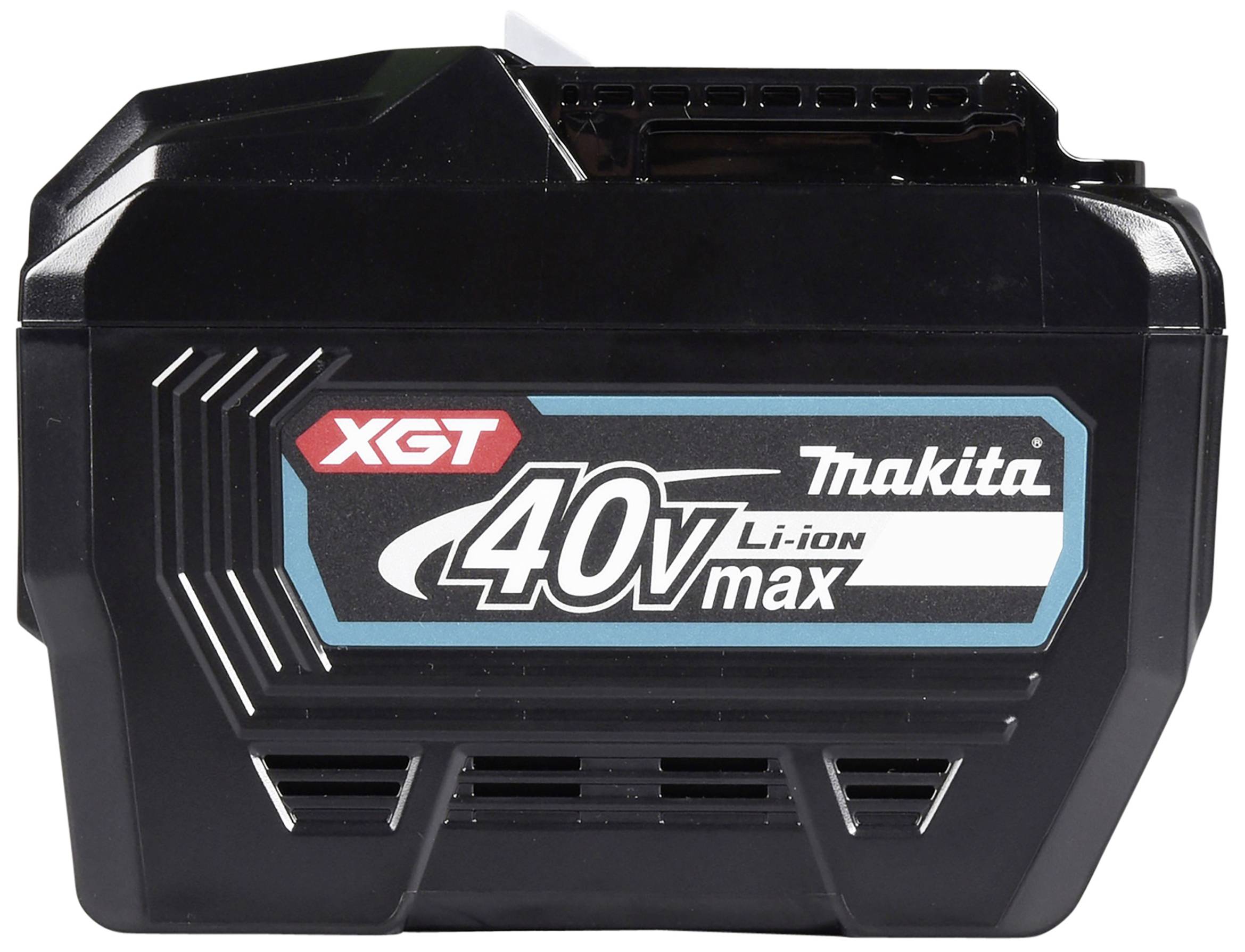 Batterie Makita XGT 40V max Lithium-Ion noir avec étiquette bleue et blanche sur l'avant.