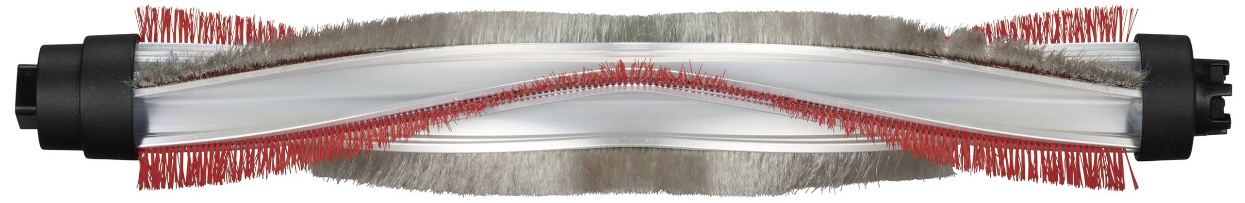 Brosse d'aspirateur électrique avec des poils rouges et des rainures spirales argentées, conçue pour capturer efficacement la poussière et les saletés.