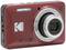 Un appareil photo numérique rouge portant l'inscription 'Kodak', doté d'un zoom grand-angle 5x et d'une résolution Full HD, avec des connexions sur le côté gauche.