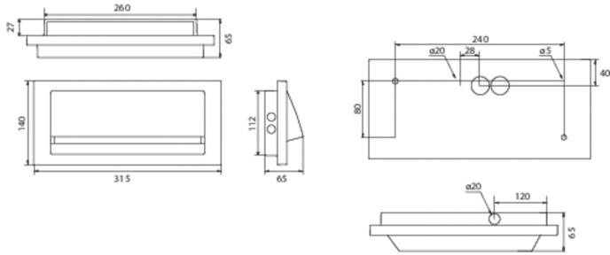Dessin technique d'un composant rectangulaire avec des dimensions et des connexions détaillées, vue de dessus, de face et de côté.