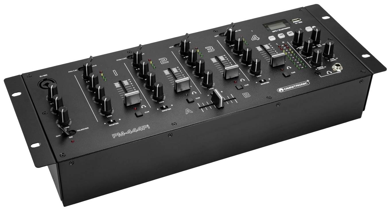 Une console de mixage audio noire avec plusieurs potentiomètres et curseurs, identifiés par '1', '2', '3', '4', pour le contrôle des signaux audio.