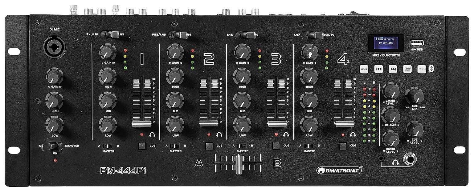 Un mixeur DJ à quatre canaux, avec des boutons rotatifs et des LED pour le contrôle du son. Un petit écran et un port USB sont situés en haut à droite.