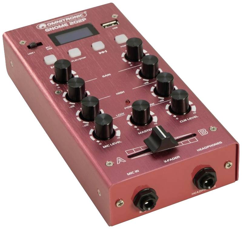 Console de mixage DJ rouge avec plusieurs potentiomètres rotatifs et curseurs. Entrées marquées pour microphone et casque. Marquage 'OMNITRONIC GNOME 202P'.