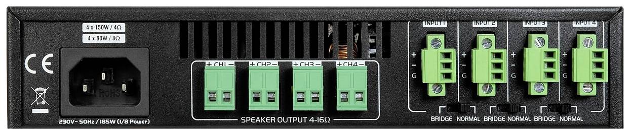 Vue arrière d'un système audio avec sorties de haut-parleurs et bornes de connexion vertes ; montre les connexions et l'alimentation électrique.