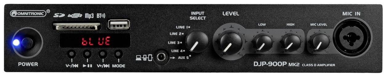 Console de DJ noire avec des boutons et des connexions. Affichage lumineux à gauche avec le texte 'cL UE'. Cinq curseurs et une entrée microphone à droite.