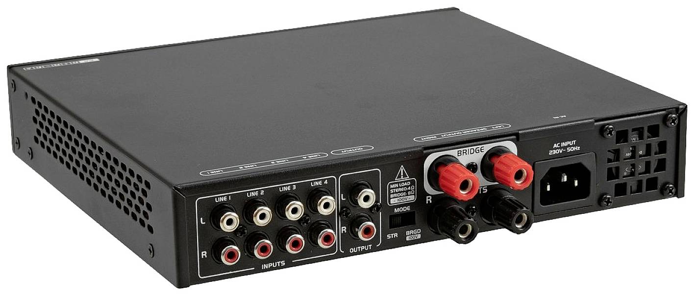 Amplificateur audio noir avec plusieurs entrées et sorties à l'arrière, incluant des connexions RCA et une prise d'alimentation électrique.