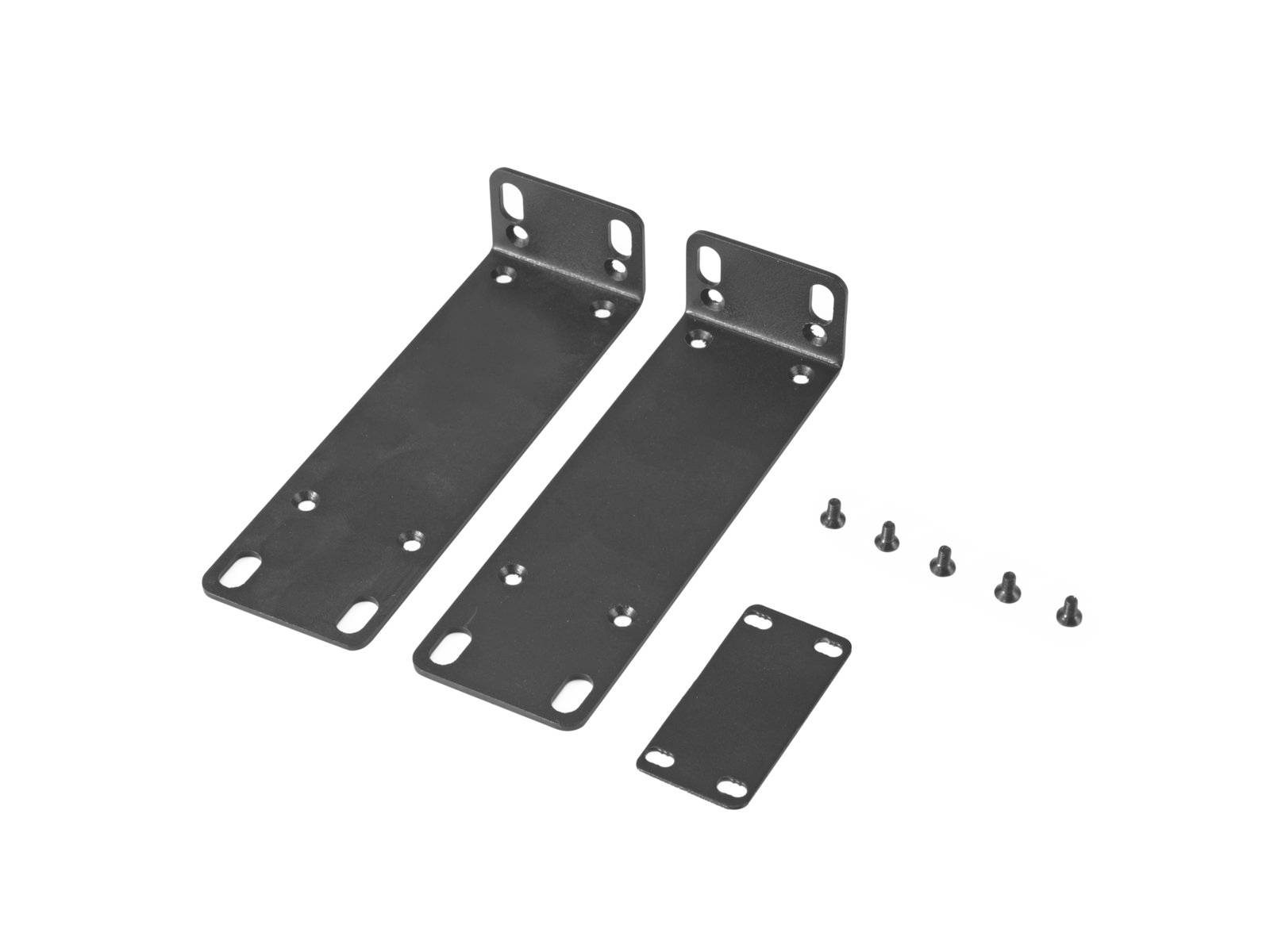 Deux équerres noires en métal de différentes tailles, six vis à côté, sur un fond blanc. Adaptées pour le montage ou la fixation.