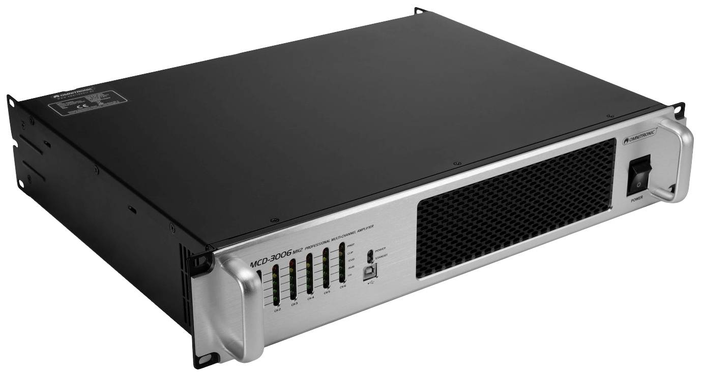 Un amplificateur avec un boîtier métallique et plusieurs LED et interrupteurs sur le devant. Il est conçu pour le contrôle audio.