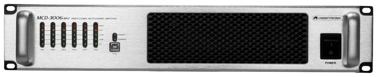 Un amplificateur avec plusieurs LEDs pour indiquer le niveau, un interrupteur marche/arrêt et une grille de ventilation. La marque apparaît en haut à droite.