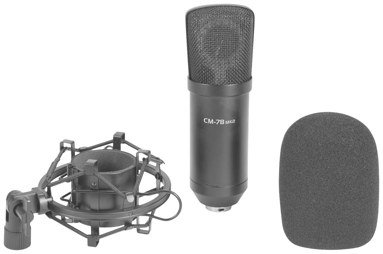 Un microphone portant l'inscription 'CM-78 MKII', un support élastique de microphone et un pare-brise noir.